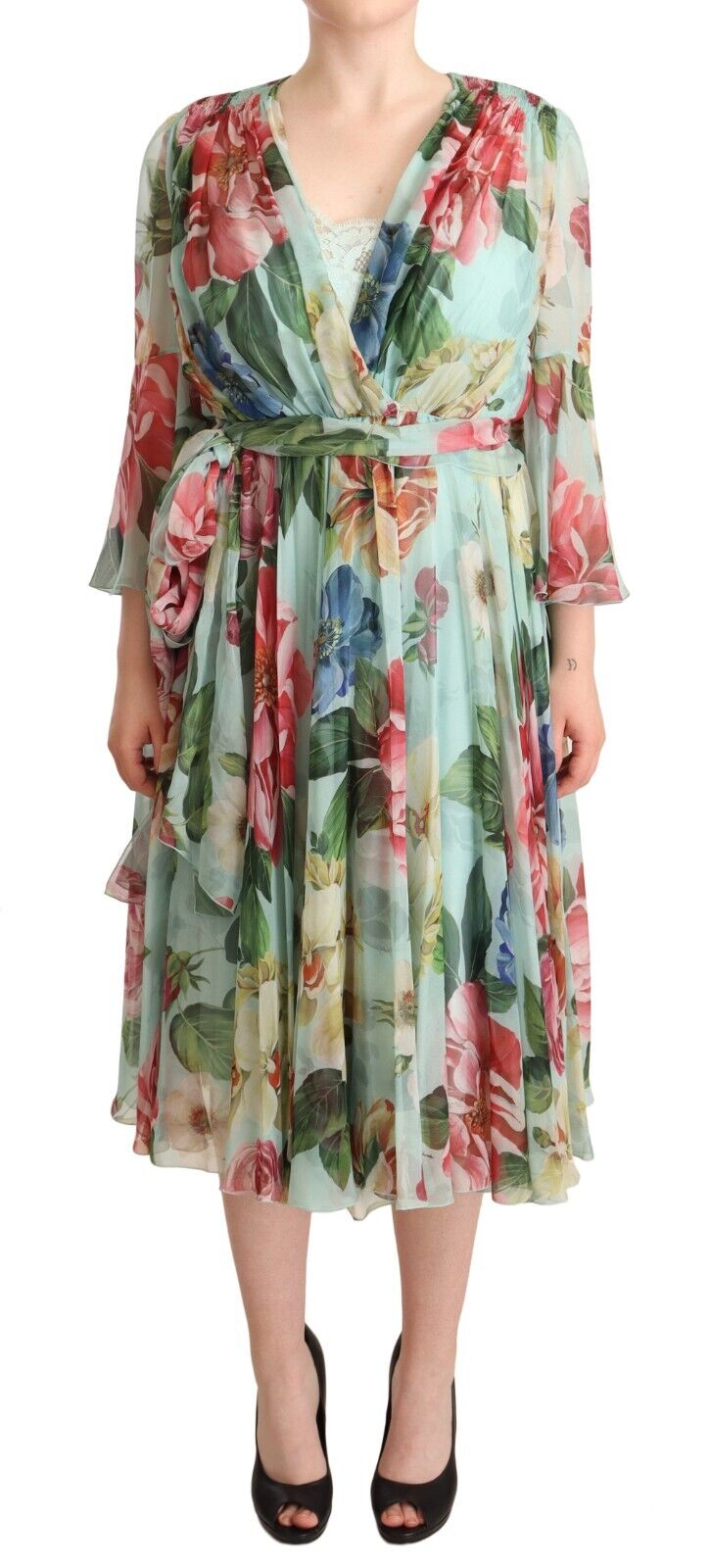 Multicolor Green Floral Silk Wrap Midi Dress