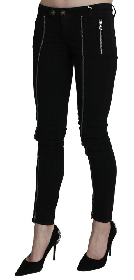 Black Low Waist Zipper Cropped Skinny Denim Pants