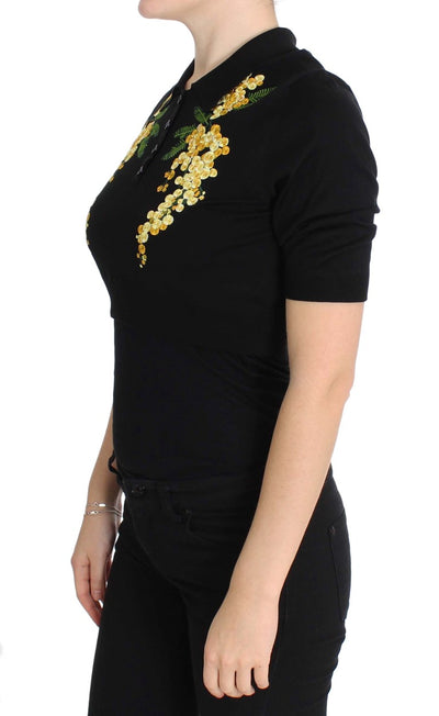 Black Silk Floral Embroidered Polo Top