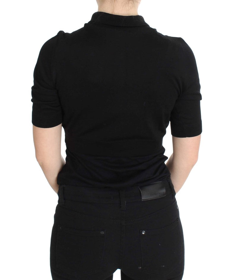 Black Silk Floral Embroidered Polo Top