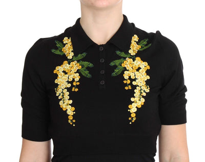 Black Silk Floral Embroidered Polo Top