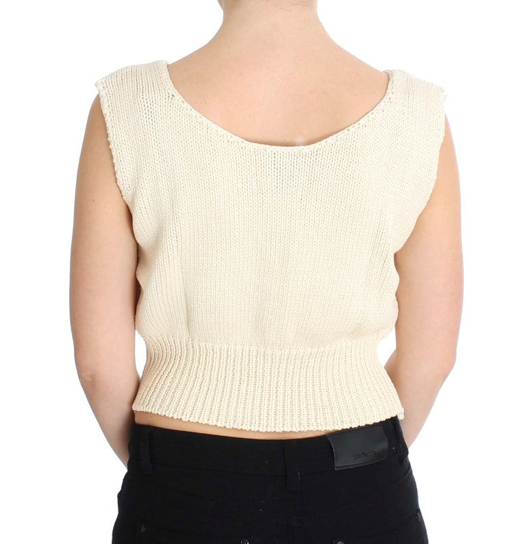 Beige Cotton Blend Knitted Sleeveless Sweater