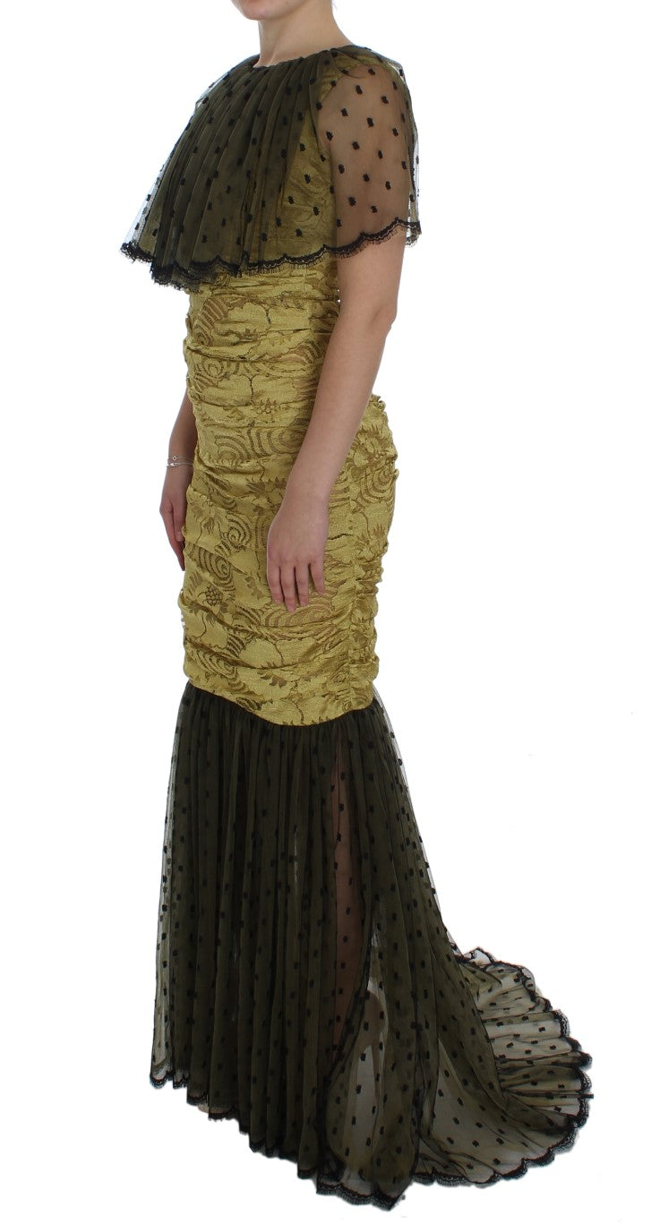 Yellow Black Floral Lace Ricamo Gown Dress