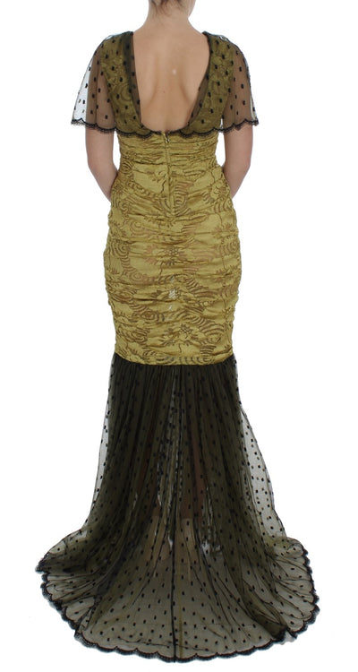 Yellow Black Floral Lace Ricamo Gown Dress