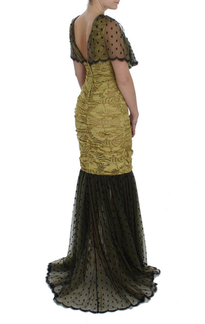 Yellow Black Floral Lace Ricamo Gown Dress