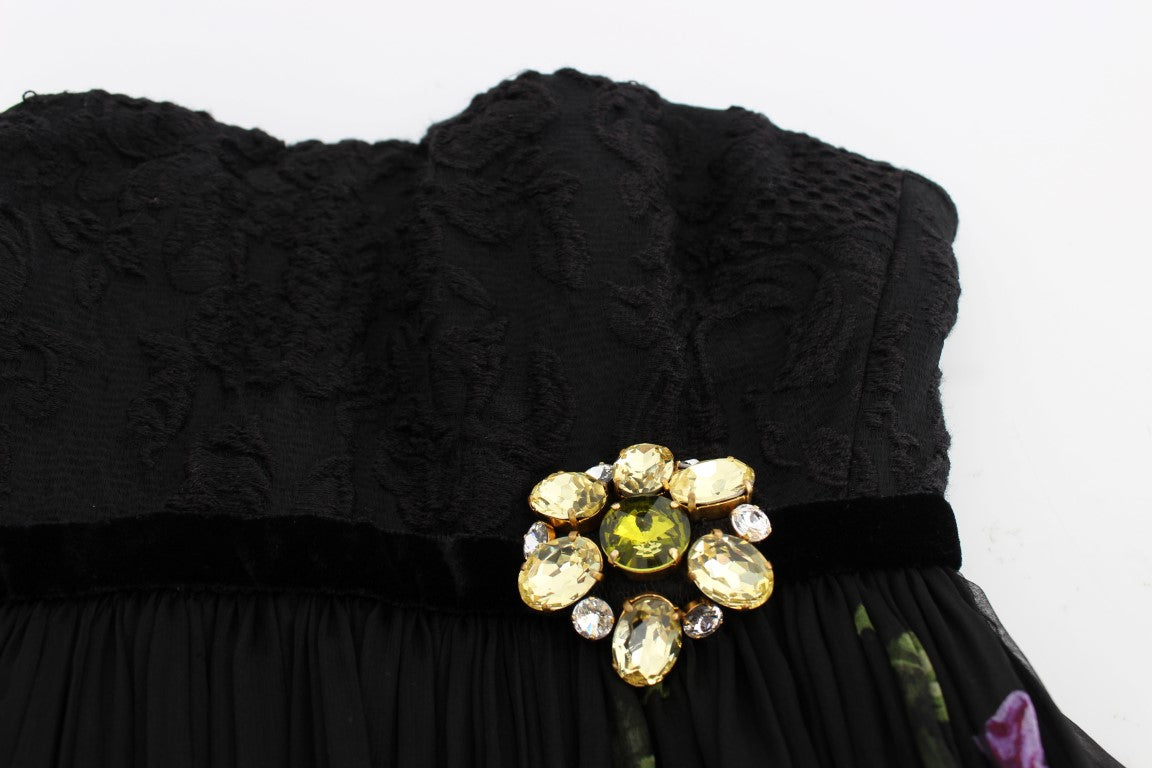 Black Key Print Silk Crystal Brooch Dress