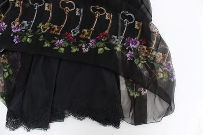 Black Key Print Silk Crystal Brooch Dress