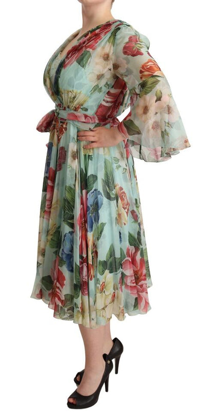 Multicolor Green Floral Silk Wrap Midi Dress