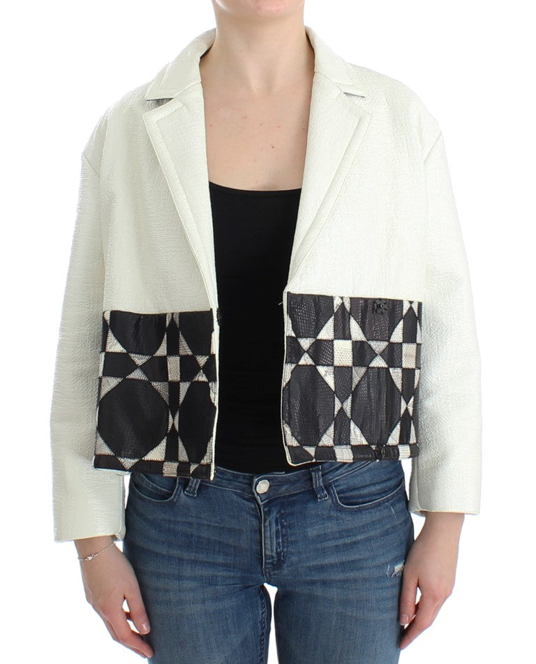 White Black Cropped Leather Jacket