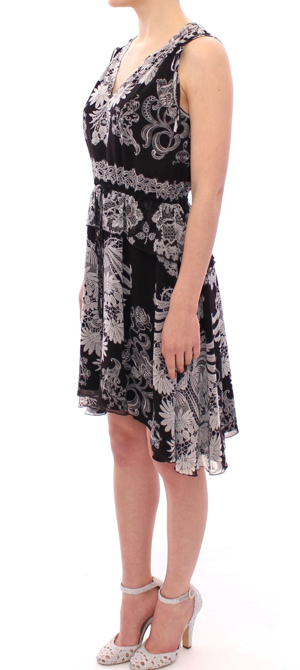 Black Silk Floral Pattern Shift Coctail Dress