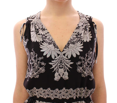 Black Silk Floral Pattern Shift Coctail Dress