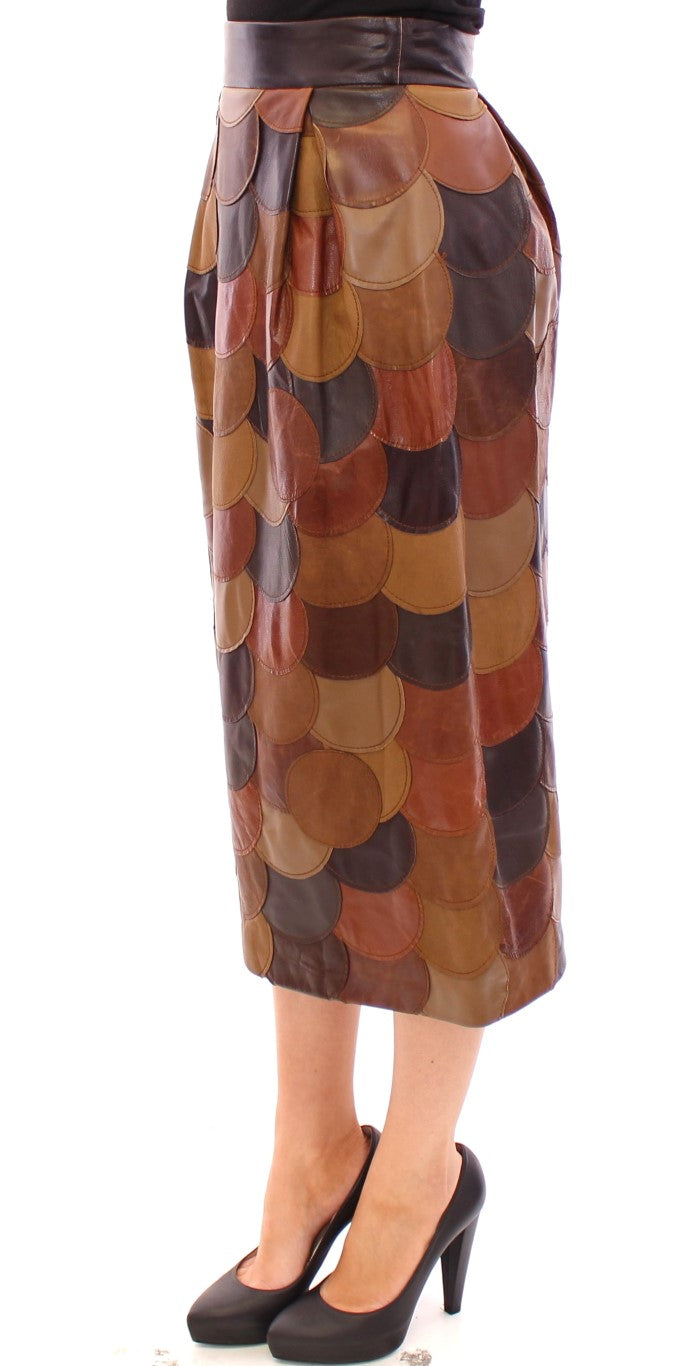 Brown Patchwork Leather Straight Skirt