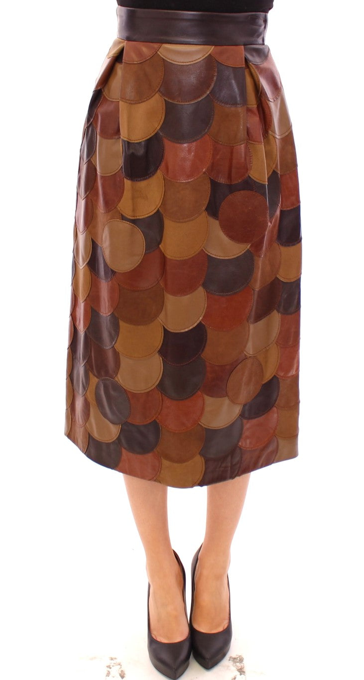 Brown Patchwork Leather Straight Skirt