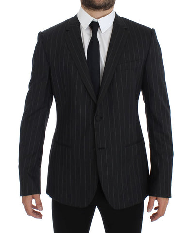 Gray Striped Slim Fit Wool Blazer