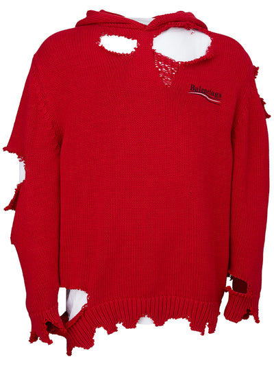 Red Ribbed Knit Sweater with Snags