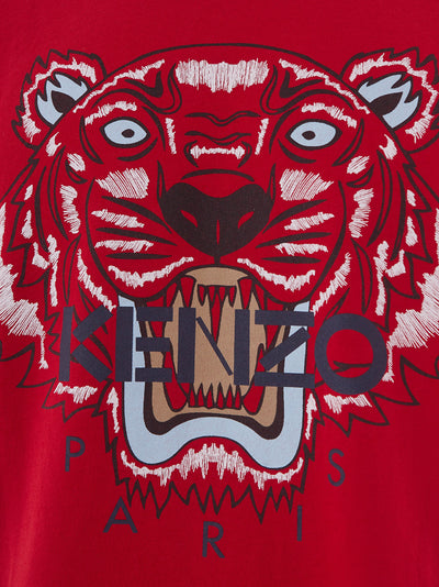 Red Cotton T-Shirt with Tiger Print