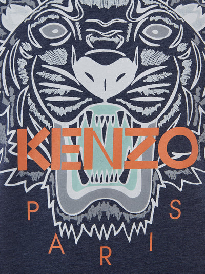 Blue Cotton T-Shirt with Tiger Print and Front Logo in Orange