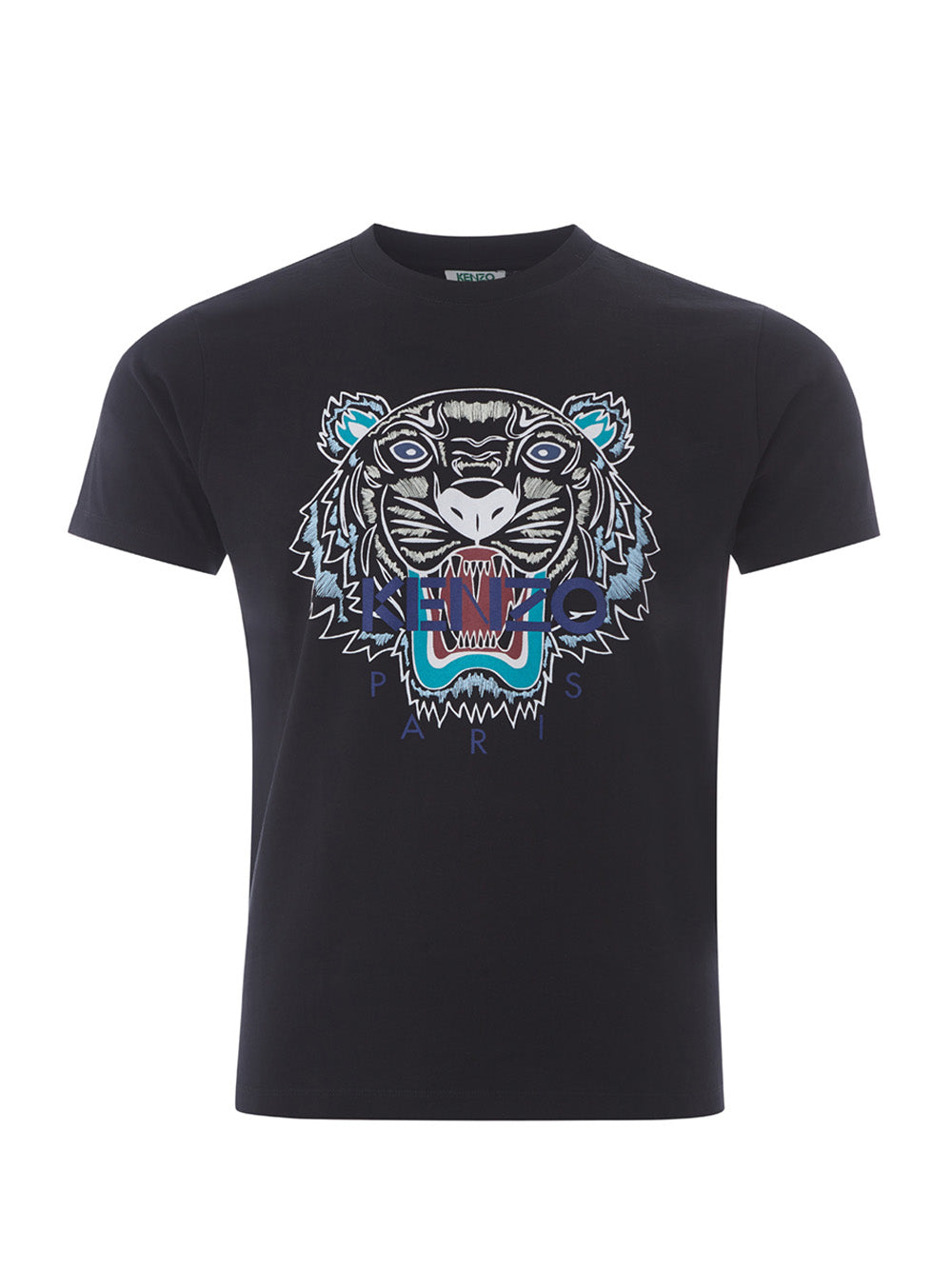 Black Cotton T-Shirt with Tiger Multicolor Print and Front Logo in blue