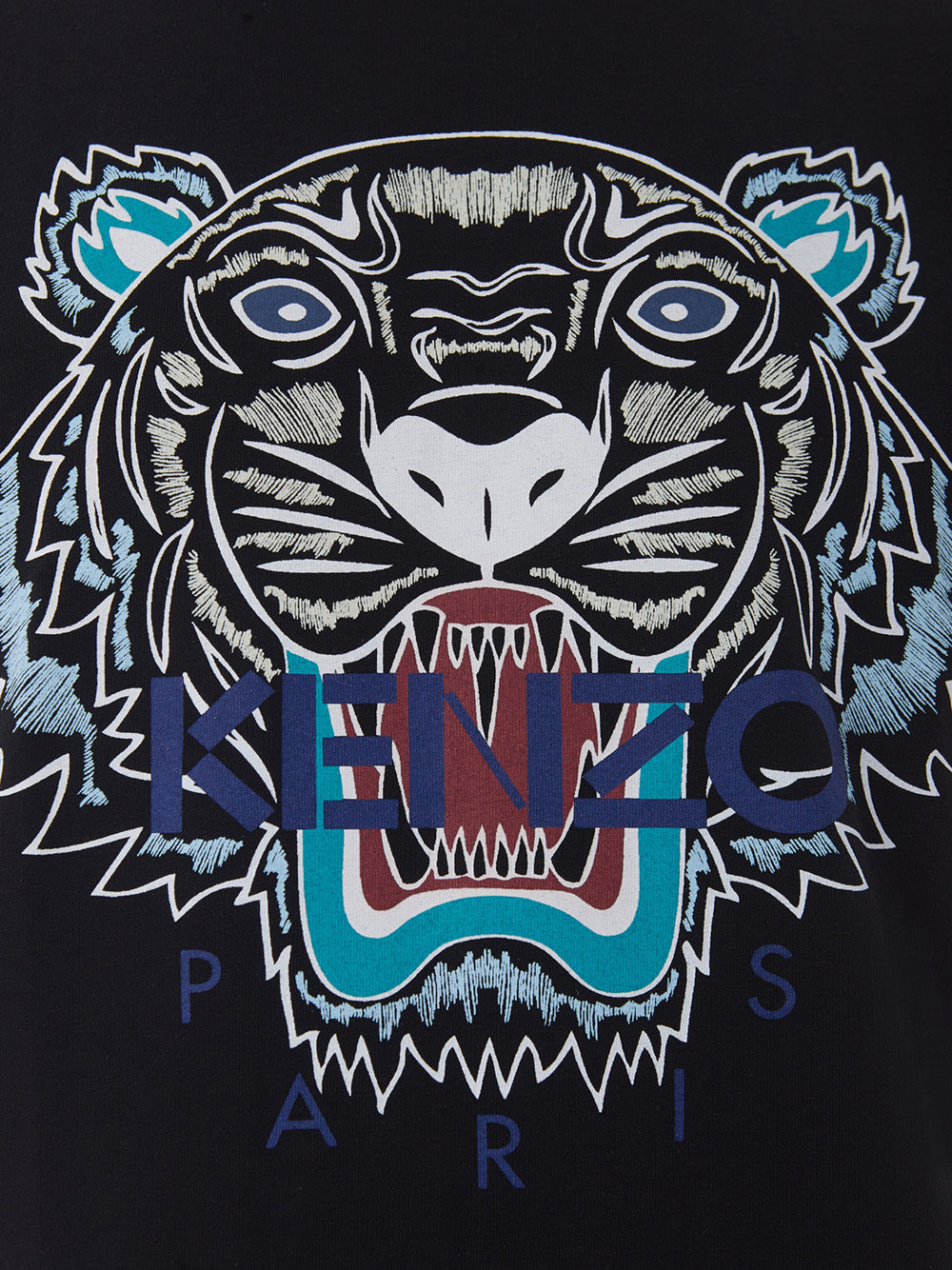 Black Cotton T-Shirt with Tiger Multicolor Print and Front Logo in blue