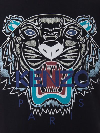 Black Cotton T-Shirt with Tiger Multicolor Print and Front Logo in blue