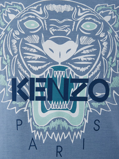 Blue Cotton T-Shirt with Tiger Print and Front Logo