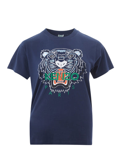 Blue Printed Cotton Tiger T-Shirt With Green Logo