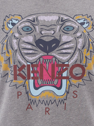 Grey Printed Cotton Tiger T-Shirt With Red Logo