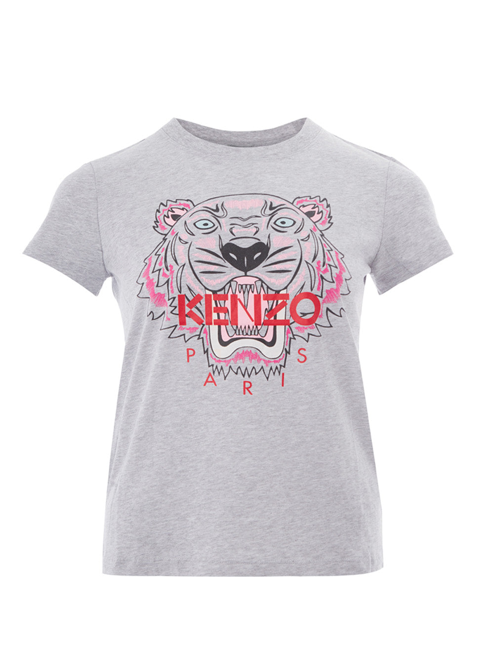 Grey Melange Cotton T-Shirt With Printed Tiger