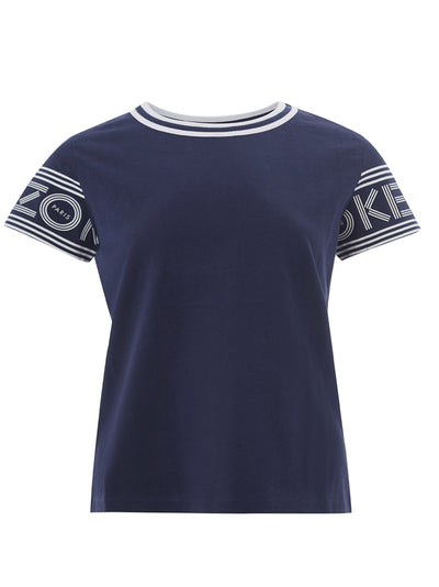 Blue Cotton T-Shirt With contrasting Logo on Sleeves