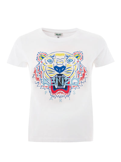 White Cotton T-Shirt with Contrasting Multicolor Tiger Print