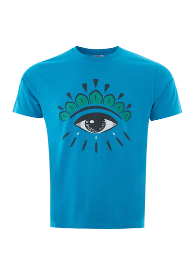 Blue Cotton T-Shirt with Contrasting Eye Print on Front