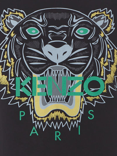 Black Cotton T-Shirt with Contrasting Green Tiger Print