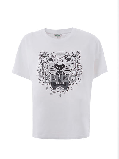 White Cotton T-Shirt with Contrasting Black Tiger Print