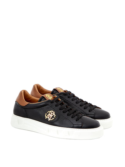 Black Leather Sneakers with Gold Logo