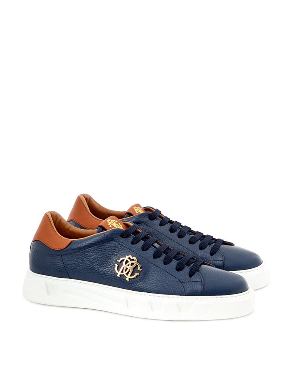 Blue Leather Sneakers with Gold Logo