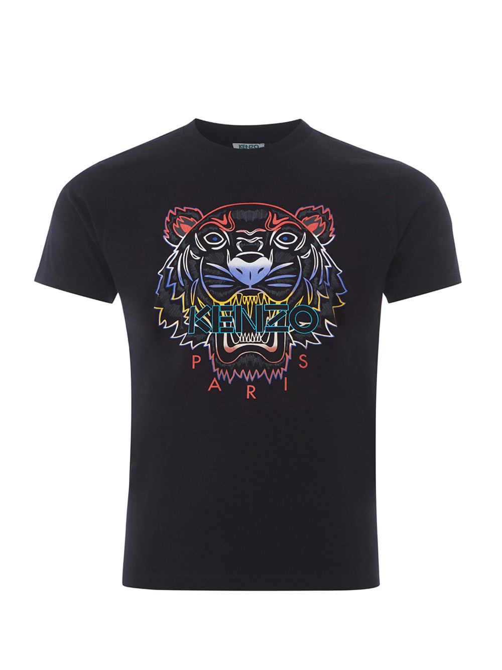 Black Cotton T-Shirt with Contrasting Multicolor Tiger Print