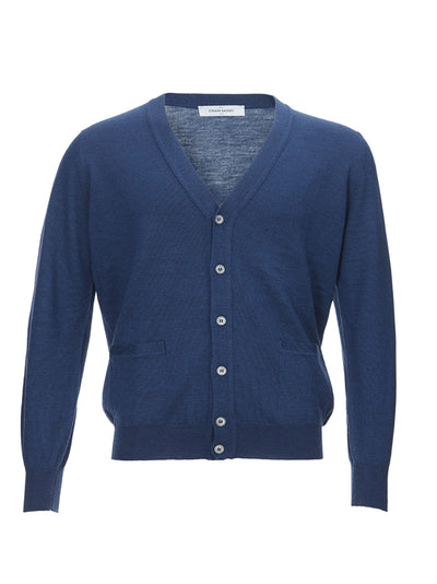 Blue Wool Cardigan with Pockets