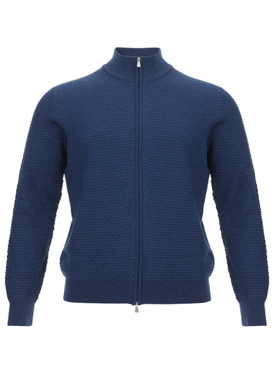 Blue Mock Turtleneck Wool Cardigan