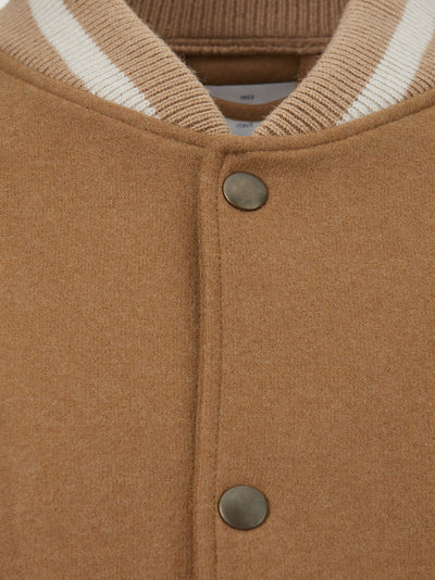 Wool Beige College Style Bomber Jacket