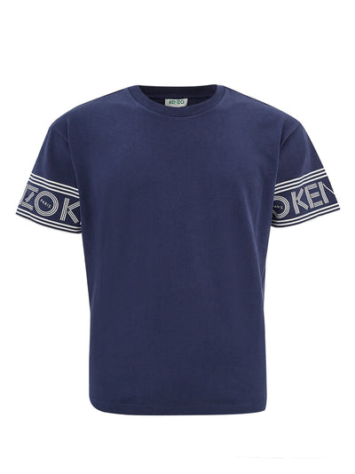 Blue Cotton T-Shirt with Logo on Sleeves