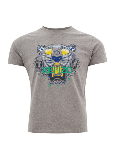 Grey Cotton T-Shirt with Front Multicolor Print