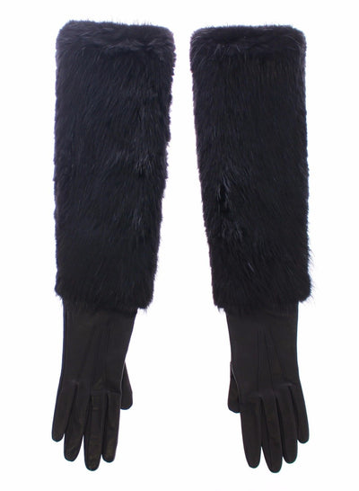 Black Beaver Fur Lambskin Leather Elbow Gloves