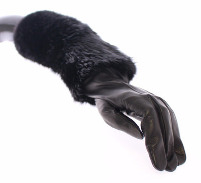 Black Beaver Fur Lambskin Leather Elbow Gloves