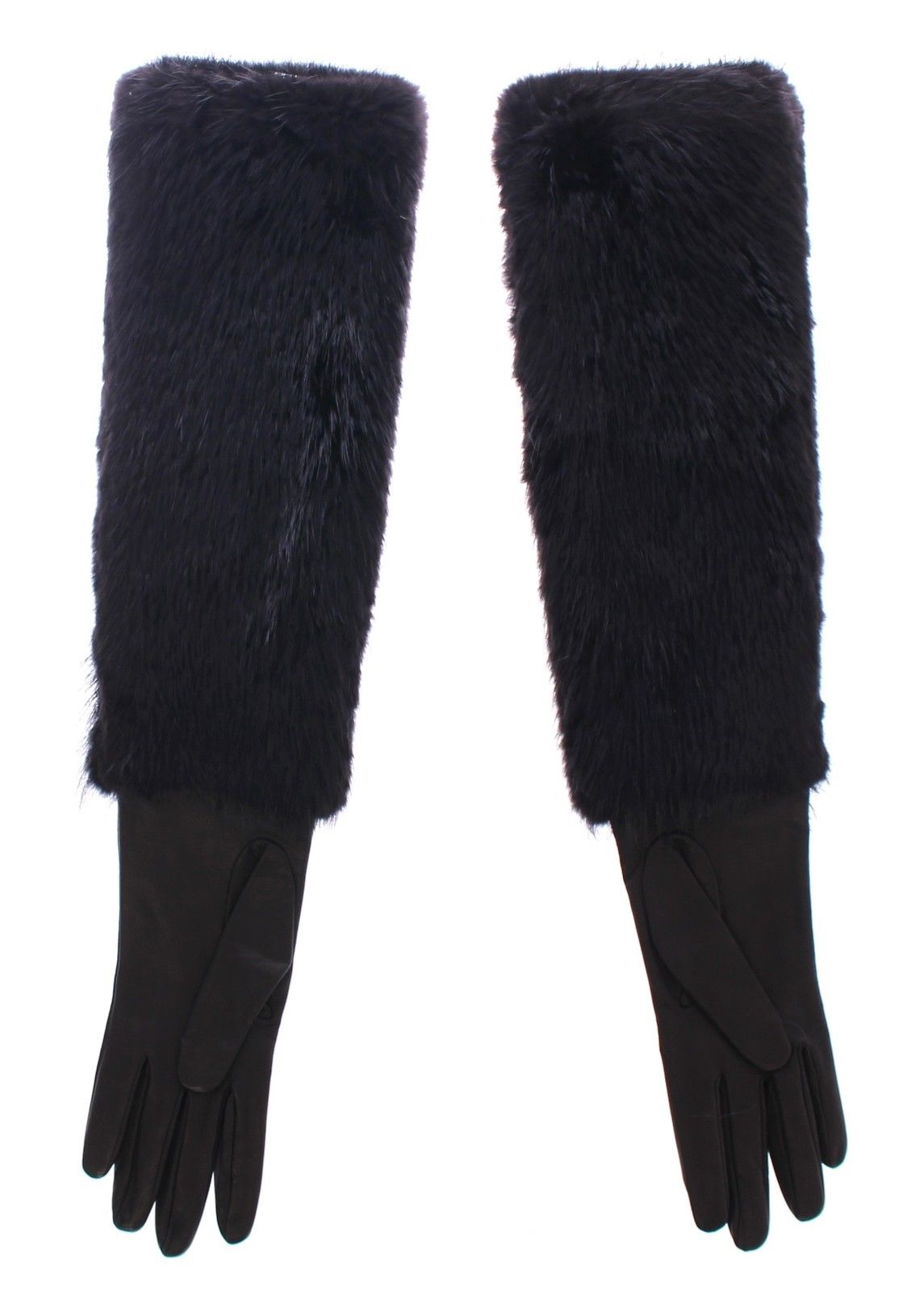 Black Beaver Fur Lambskin Leather Elbow Gloves