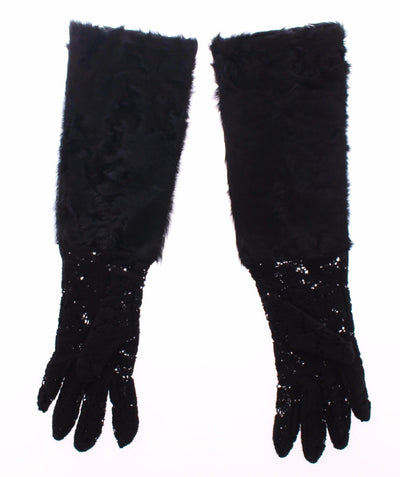 Black Lace Wool Lambskin Fur Elbow Gloves