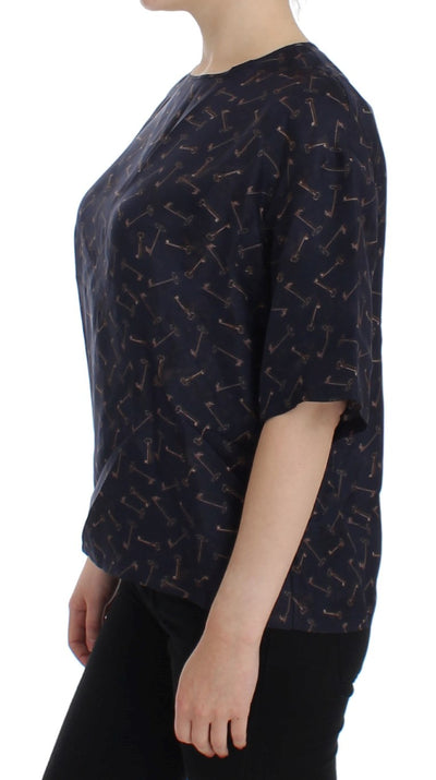 Blue gold key print silk blouse