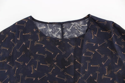 Blue gold key print silk blouse