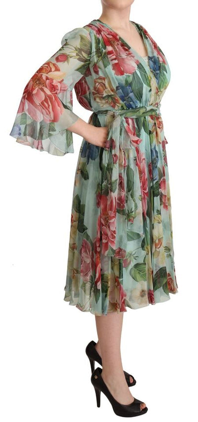 Multicolor Green Floral Silk Wrap Midi Dress