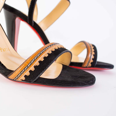 Black Leather Heel Embroidery Sandals