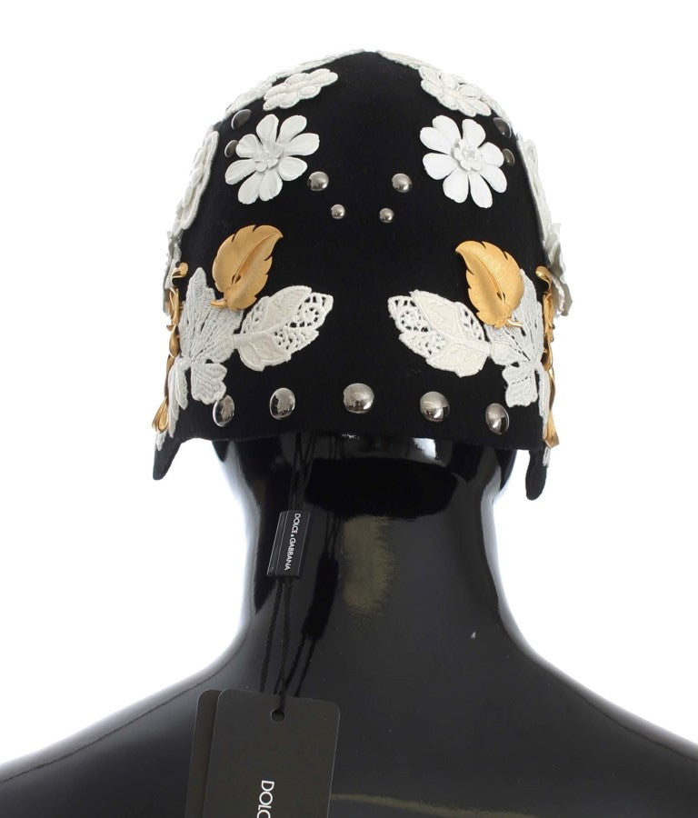 Black Wool White Floral Gold Leaf Hat